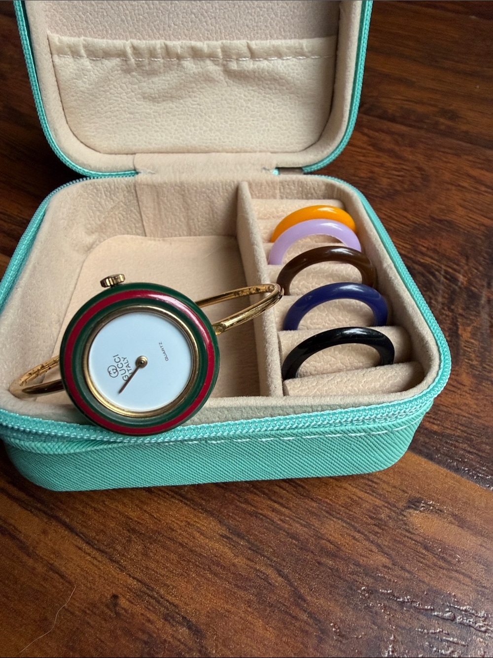 Gucci Gold Bangle Watch with Green and Red Bezel and Interchangeable Rings